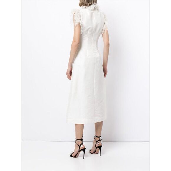 NWT Rachel Gilbert Solomon Ostrich Feather Trim Ivory Midi Dress Size 8 - Picture 3 of 10